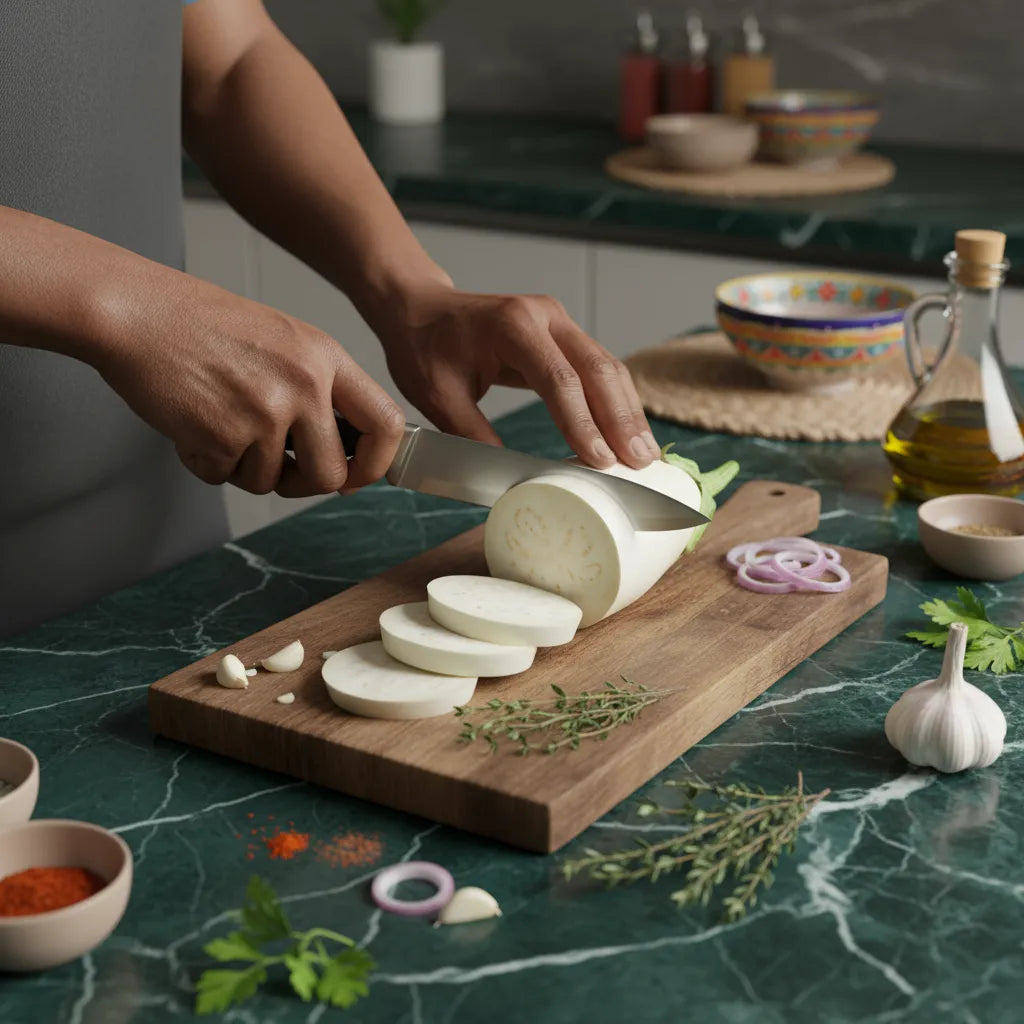 Préparation culinaire avec aubergine blanche africaine tranchée sur une planche. Ingrédient parfait pour plats mijotés ou grillés.